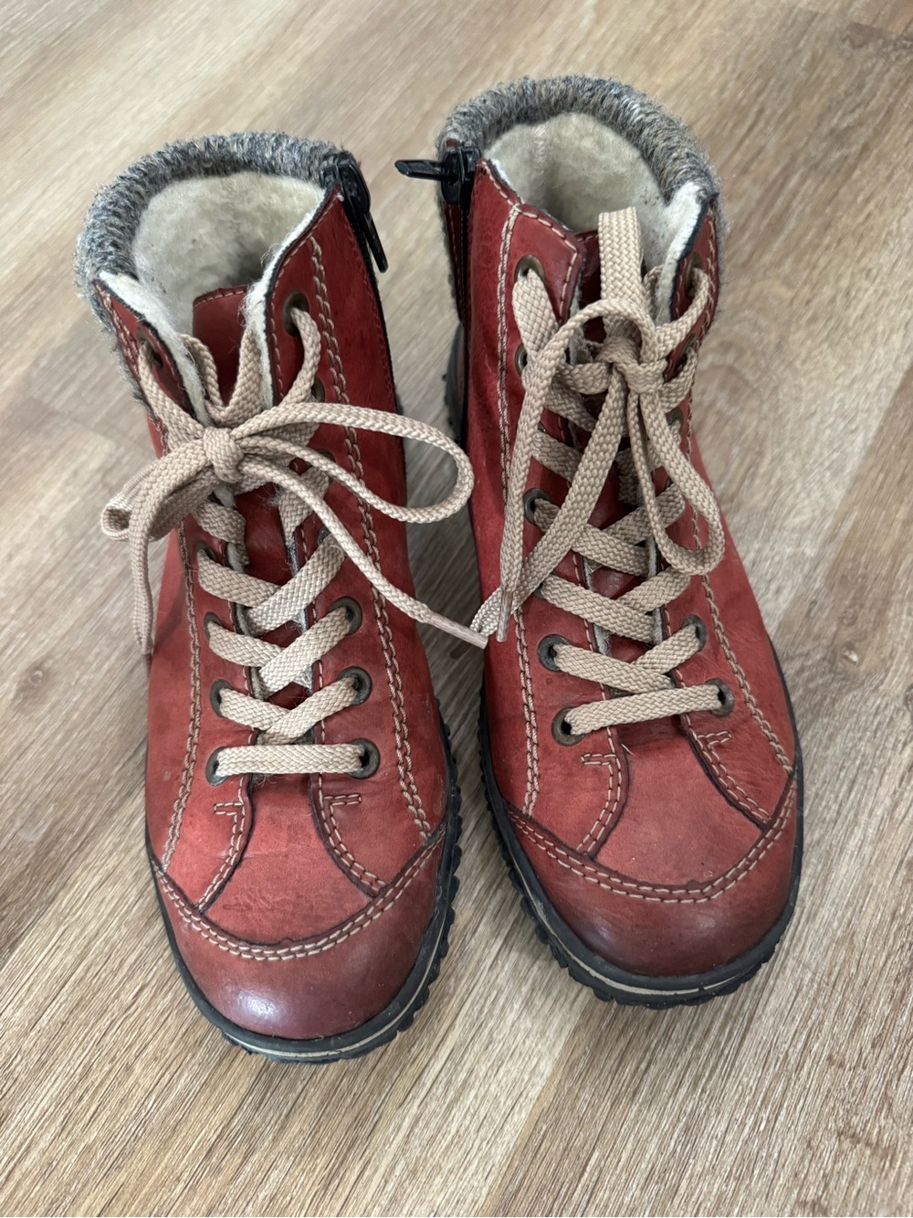 Rieker Burnt Red Leather Lace-Up Ankle Boots with Shearling Collar